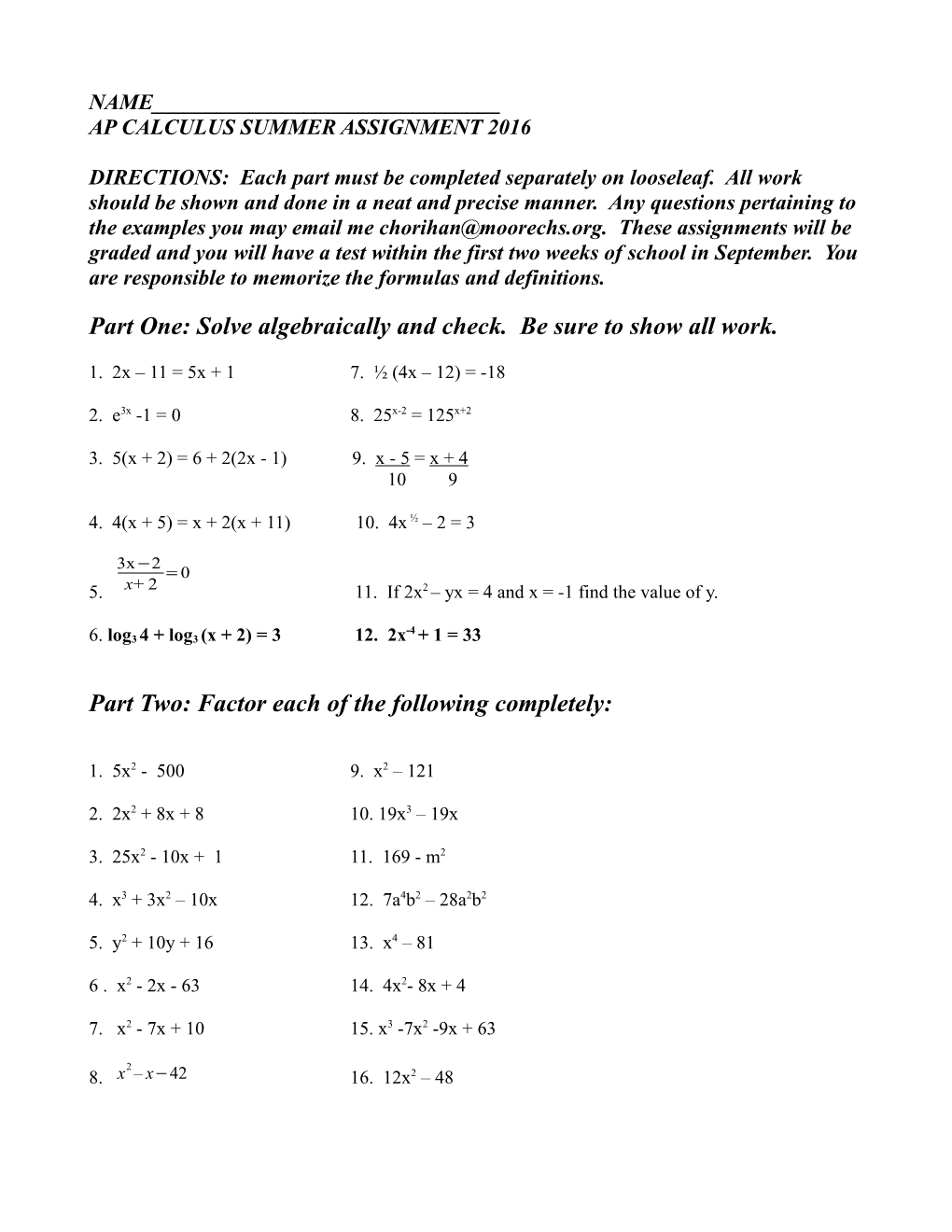 Part One: Solve Algebraically and Check. Be Sure to Show All Work