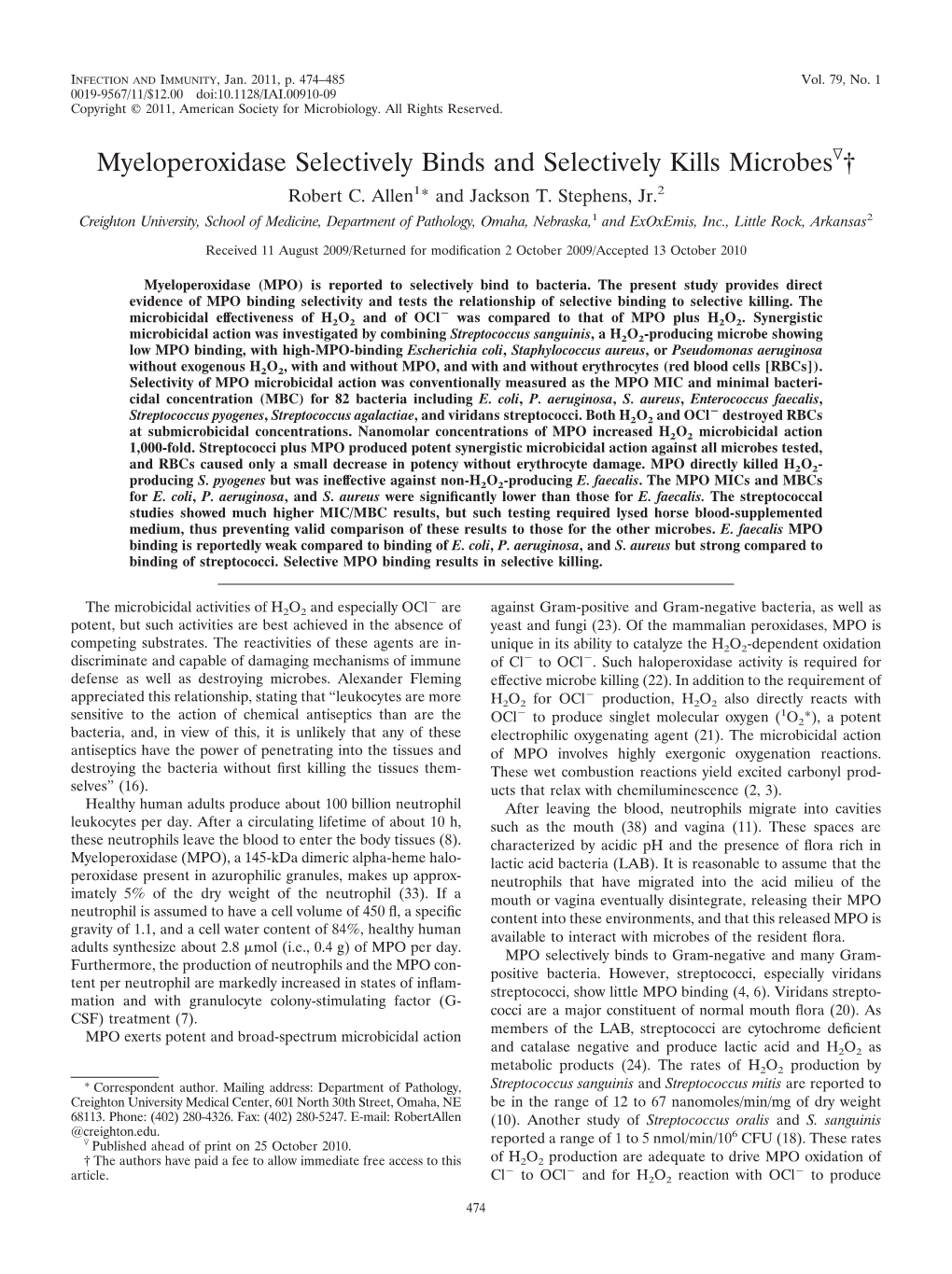 Myeloperoxidase Selectively Binds and Selectively Kills Microbes †