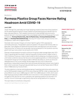 Formosa Plastics Group Faces Narrow Rating Headroom Amid COVID-19