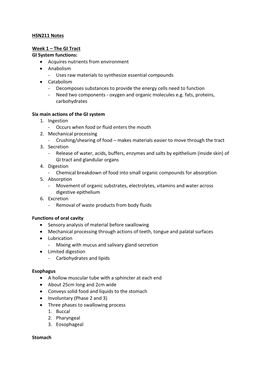 HSN211 Notes Week 1 – the GI Tract GI System Functions