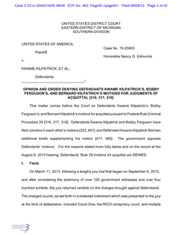 UNITED STATES DISTRICT COURT EASTERN DISTRICT of MICHIGAN SOUTHERN DIVISION UNITED STATES of AMERICA, Plaintiff, V. KWAME KILPAT