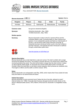 FULL ACCOUNT FOR: Boonea Bisuturalis Global Invasive Species Database (GISD) 2021. Species Profile Boonea Bisuturalis. Available