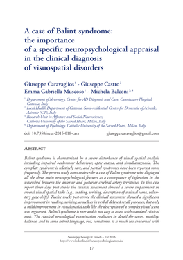 A Case of Balint Syndrome: the Importance of a Specific Neuropsychological Appraisal in the Clinical Diagnosis of Visuospatial Disorders