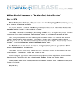 William Marshall to Appear in "As Adam Early in the Morning"