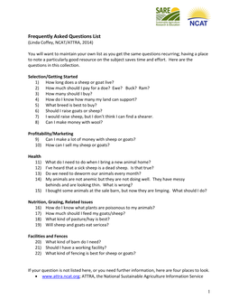 Frequently Asked Questions List (Linda Coffey, NCAT/ATTRA, 2014)