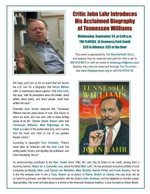 John Lahr Introduces His Acclaimed Biography of Tennessee Williams