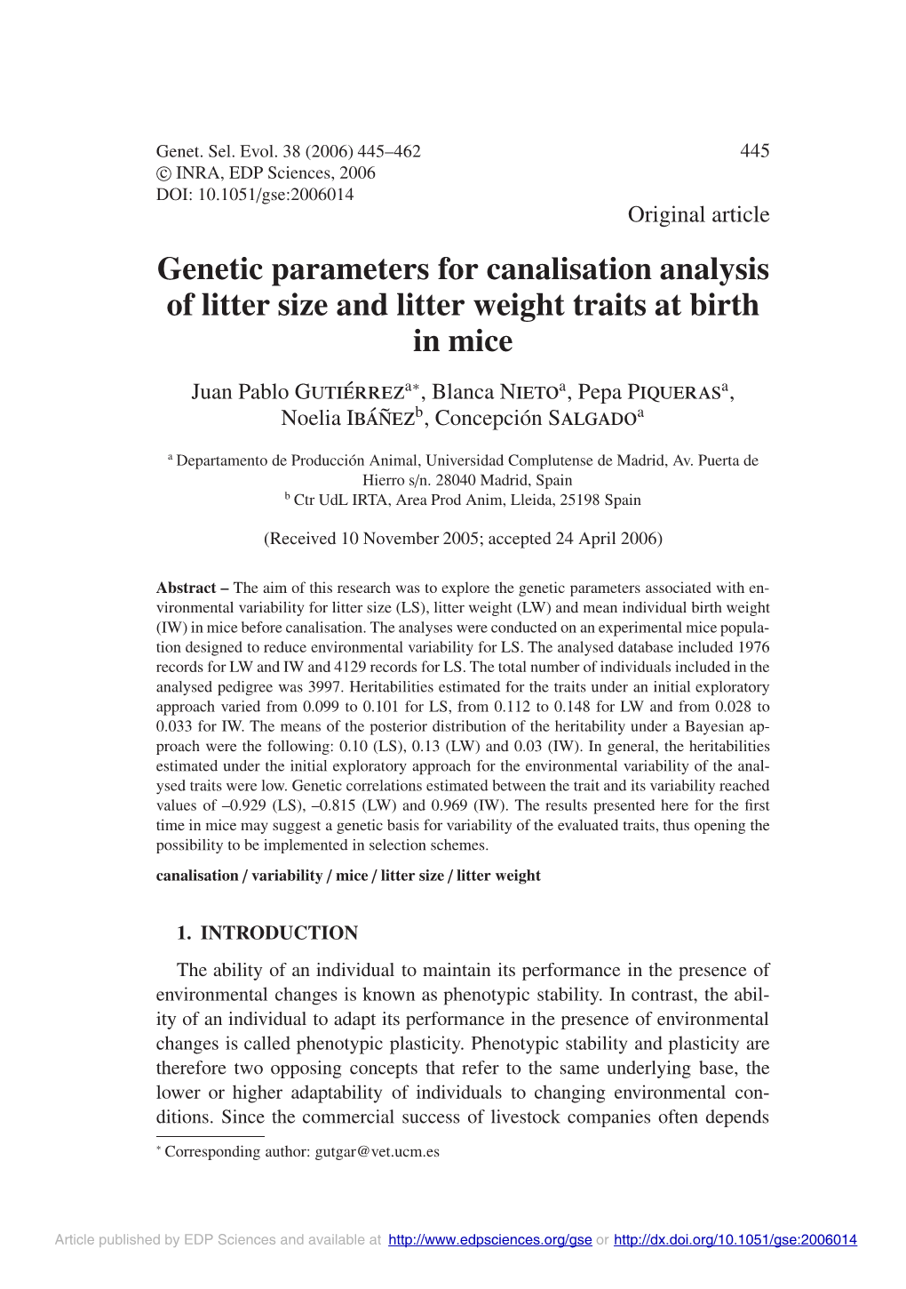 Genetic Parameters for Canalisation Analysis of Litter Size and Litter