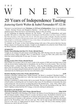 20 Years of Independence Tasting Featuring Gerrit Walter & Isabel Fernandez 07.12.16