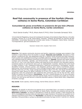 Reef Fish Community in Presence of the Lionfish (Pterois Volitans) in Santa Marta, Colombian Caribbean