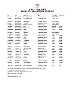 Temple University 2020-21 Men’S Basketball Schedule