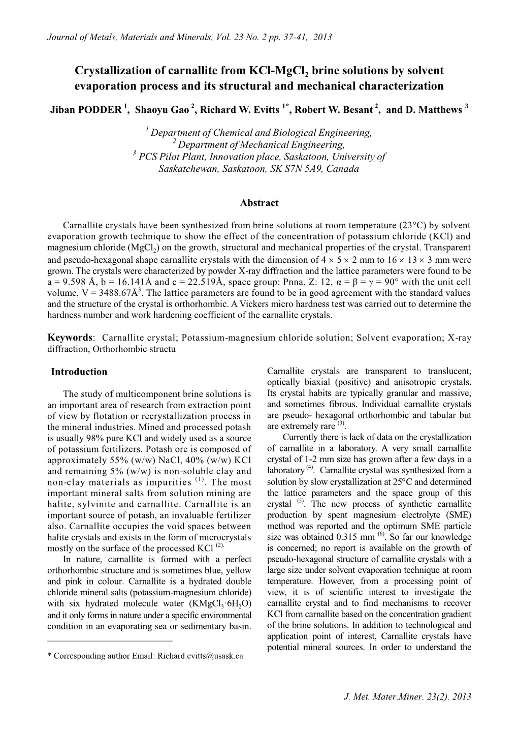 Crystallization of Carnallite from Kcl-Mgcl2 Brine Solutions by Solvent Evaporation Process and Its Structural and Mechanical Characterization