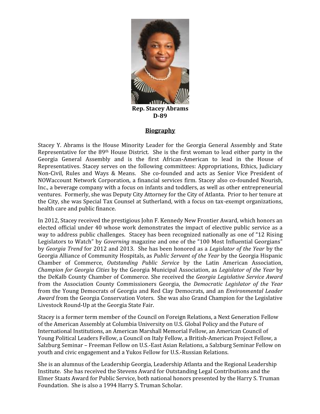 Rep. Stacey Abrams D-89 Biography