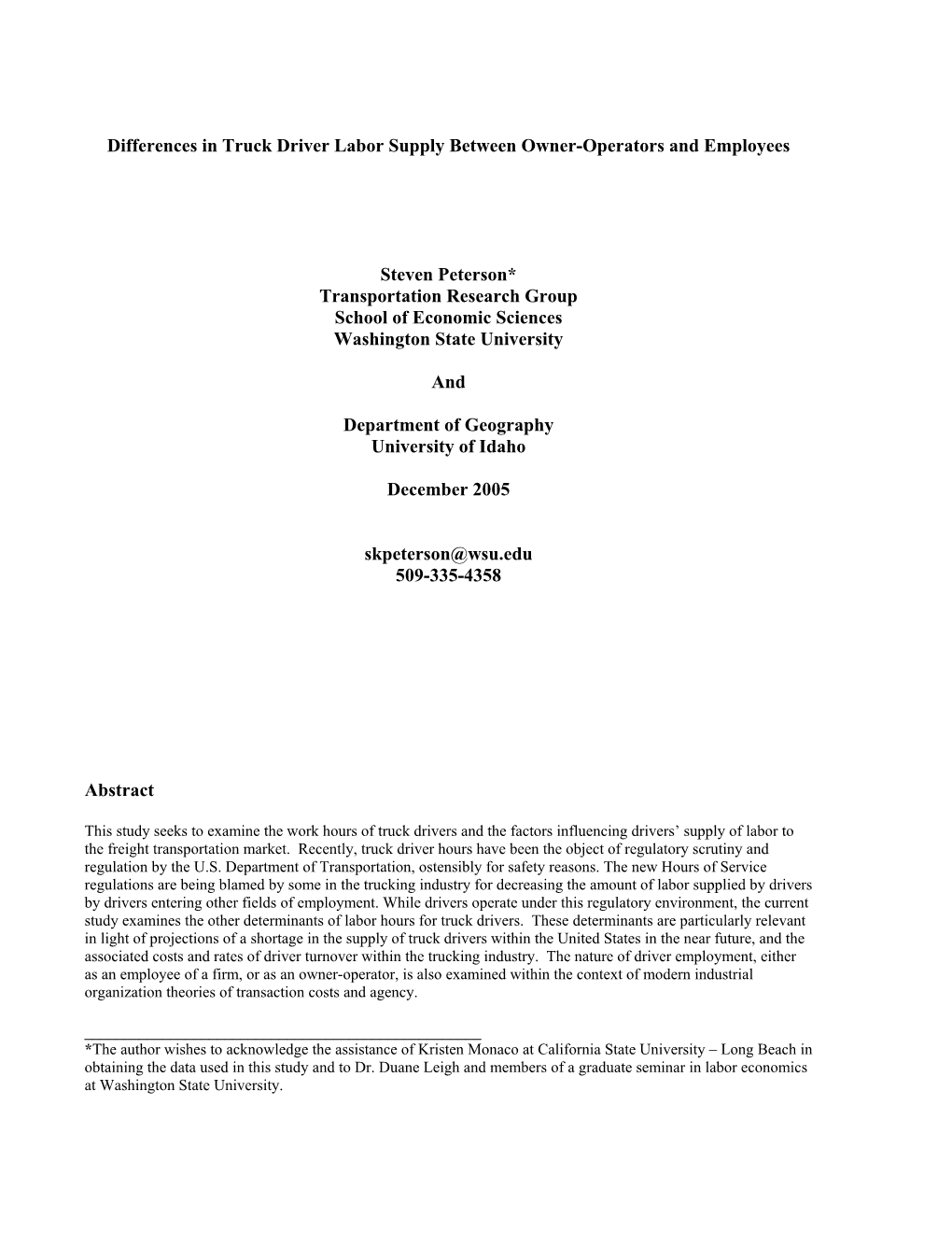 Differences in Truck Driver Labor Supply Between Owner-Operators and Employees