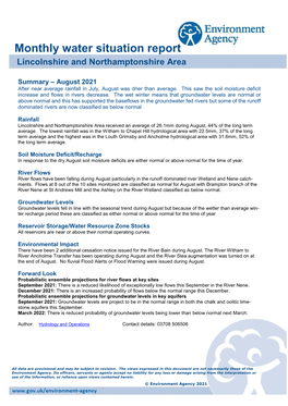 Monthly Water Situation Report Lincolnshire and Northamptonshire Area