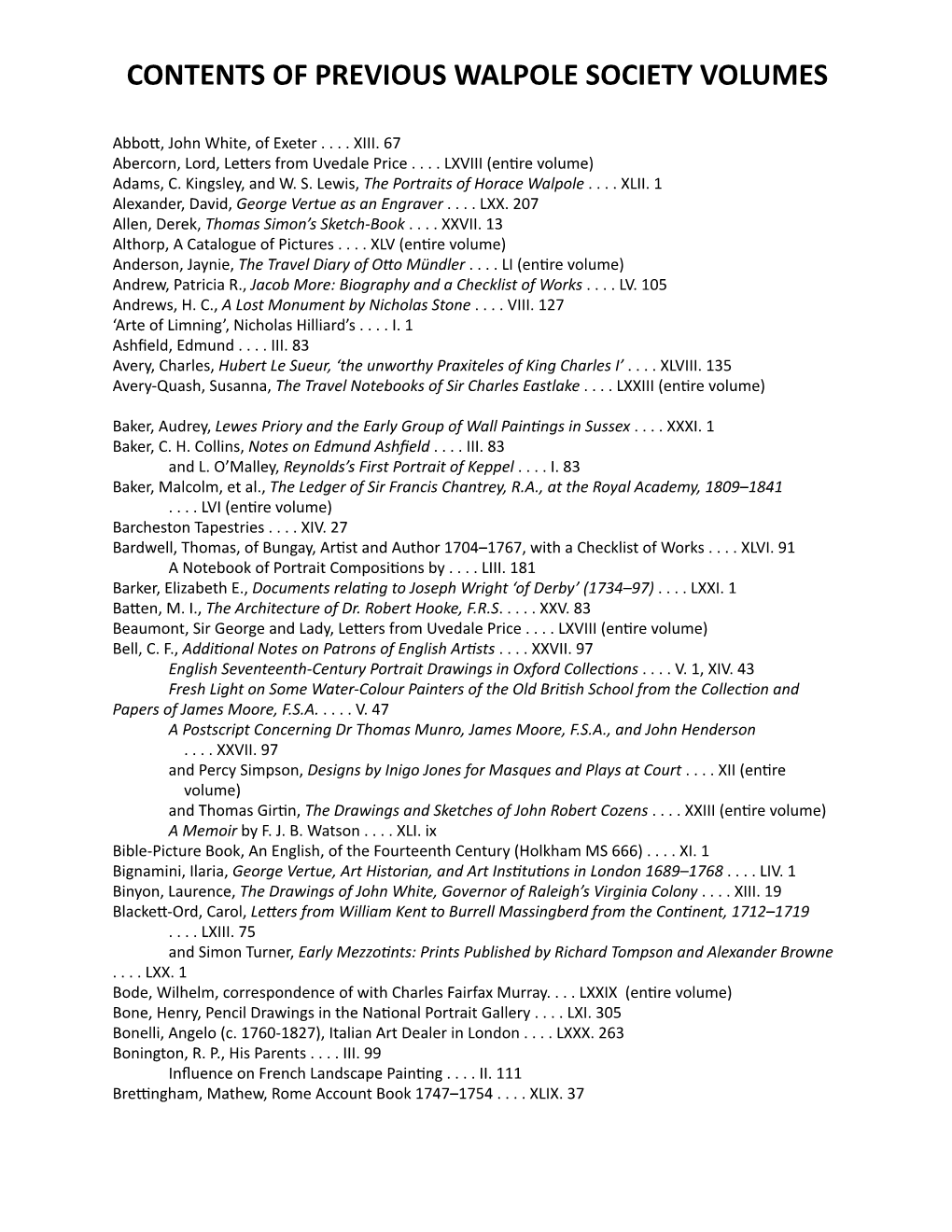 Contents of Previous Walpole Society Volumes