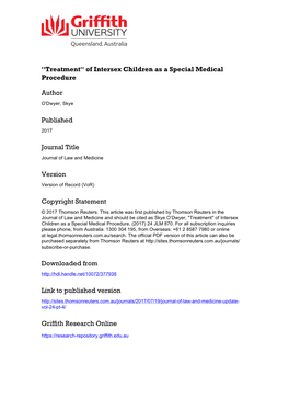 “Treatment” of Intersex Children As a Special Medical Procedure