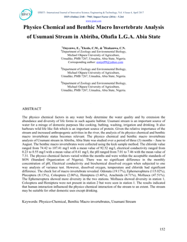 Physico Chemical and Benthic Macro Invertebrate Analysis of Usumani Stream in Abiriba, Ohafia L.G.A. Abia State