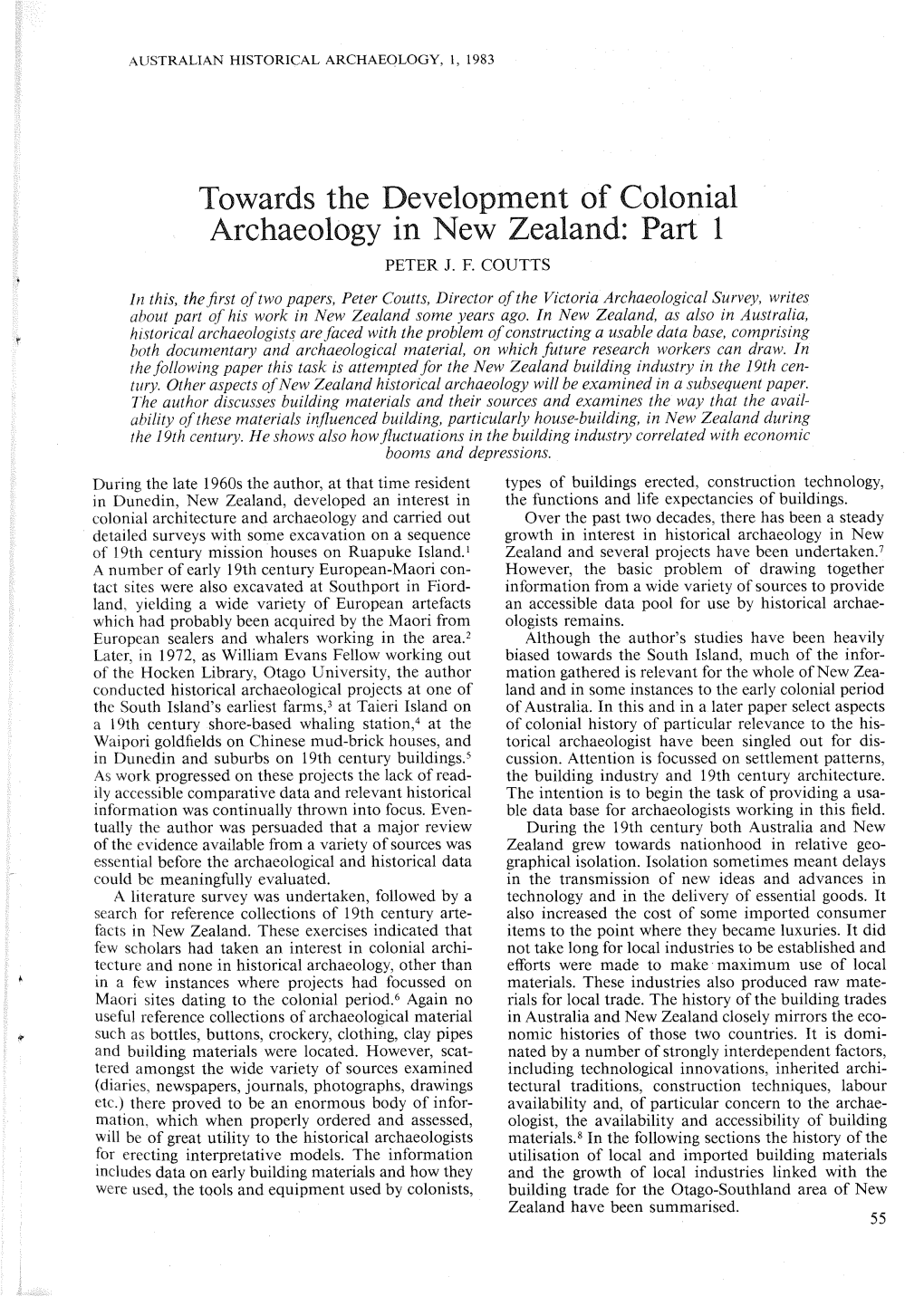 Towards the Development of Colonial Archaeology in New Zealand: Part 1 PETER J