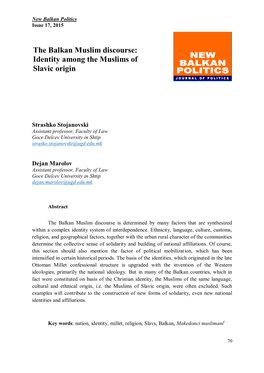 The Balkan Muslim Discourse: Identity Among the Muslims of Slavic Origin