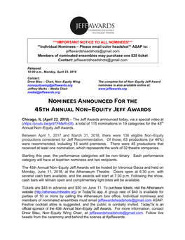 45Th Non-Equity Jeff Awards Press Release V7