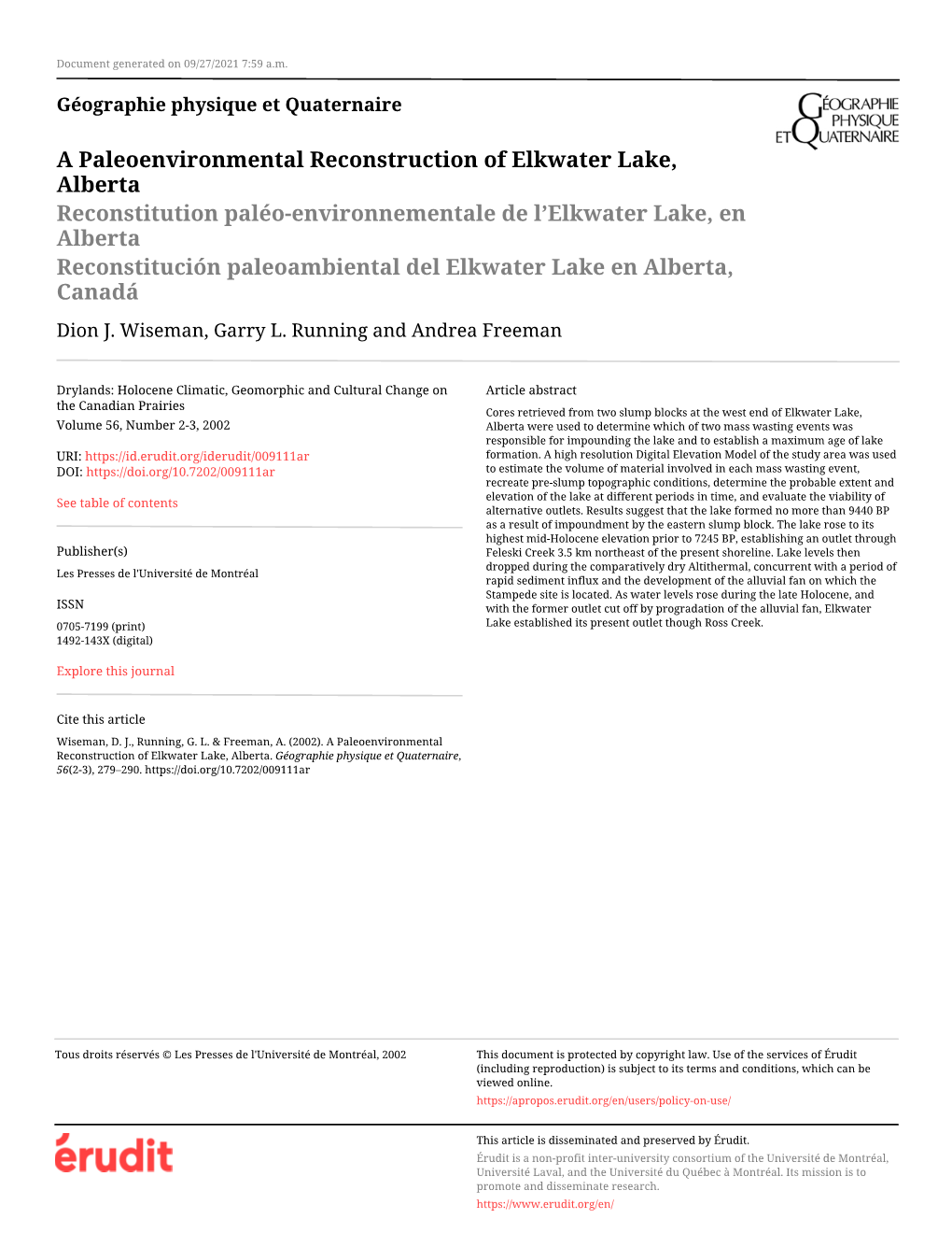 A Paleoenvironmental Reconstruction of Elkwater Lake, Alberta