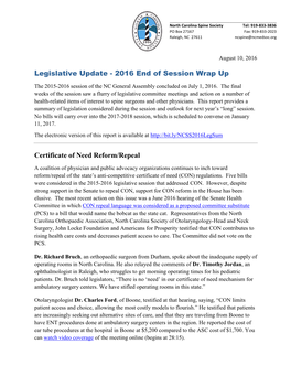 Legislative Update - 2016 End of Session Wrap up the 2015-2016 Session of the NC General Assembly Concluded on July 1, 2016