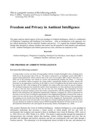 Freedom and Privacy in Ambient Intelligence,’ Ethics and Information Technology 7(3), 157-166
