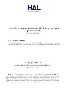 Size Effects in Superfluid Helium II - I