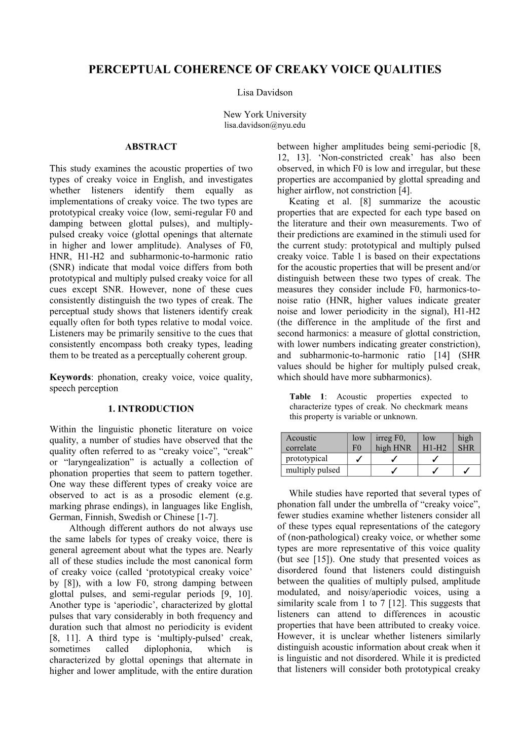 Perceptual Coherence of Creaky Voice Qualities