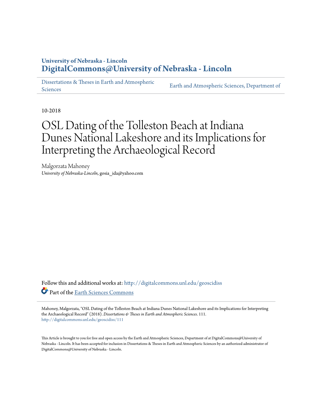 OSL Dating of the Tolleston Beach at Indiana Dunes National Lakeshore and Its Implications for Interpreting the Archaeological R