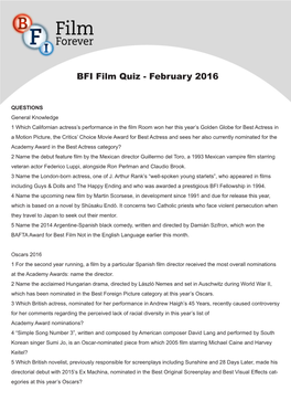 BFI Film Quiz - February 2016