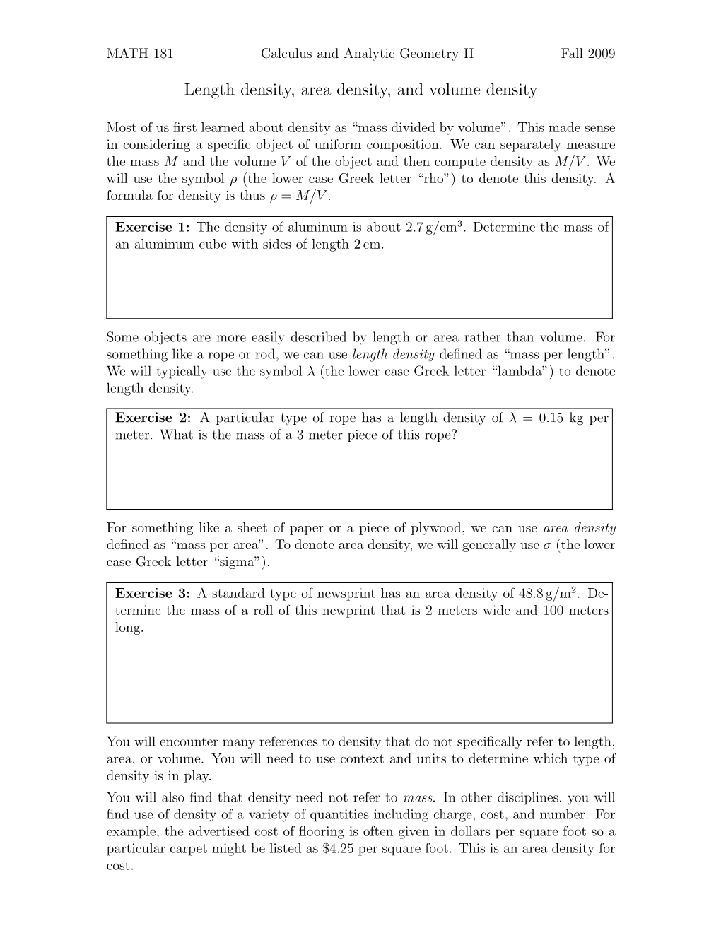 Length Density, Area Density, and Volume Density