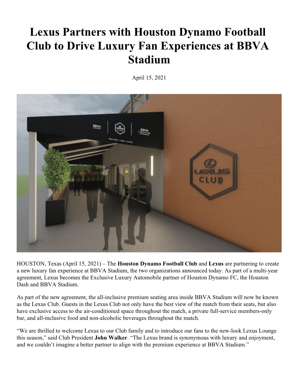 Lexus Partners with Houston Dynamo Football Club to Drive Luxury Fan Experiences at BBVA Stadium