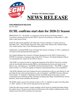 10-09-20 ECHL Confirms 2020-21 Season Start (Pdf