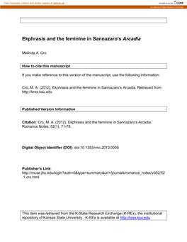 Ekphrasis and the Feminine in Sannazaro's Arcadia