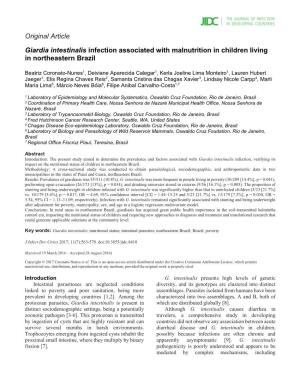 Original Article Giardia Intestinalis Infection Associated with Malnutrition in Children Living in Northeastern Brazil