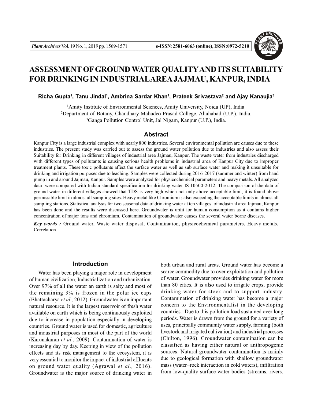 Assessment of Ground Water Quality and Its Suitability for Drinking in Industrial Area Jajmau, Kanpur, India