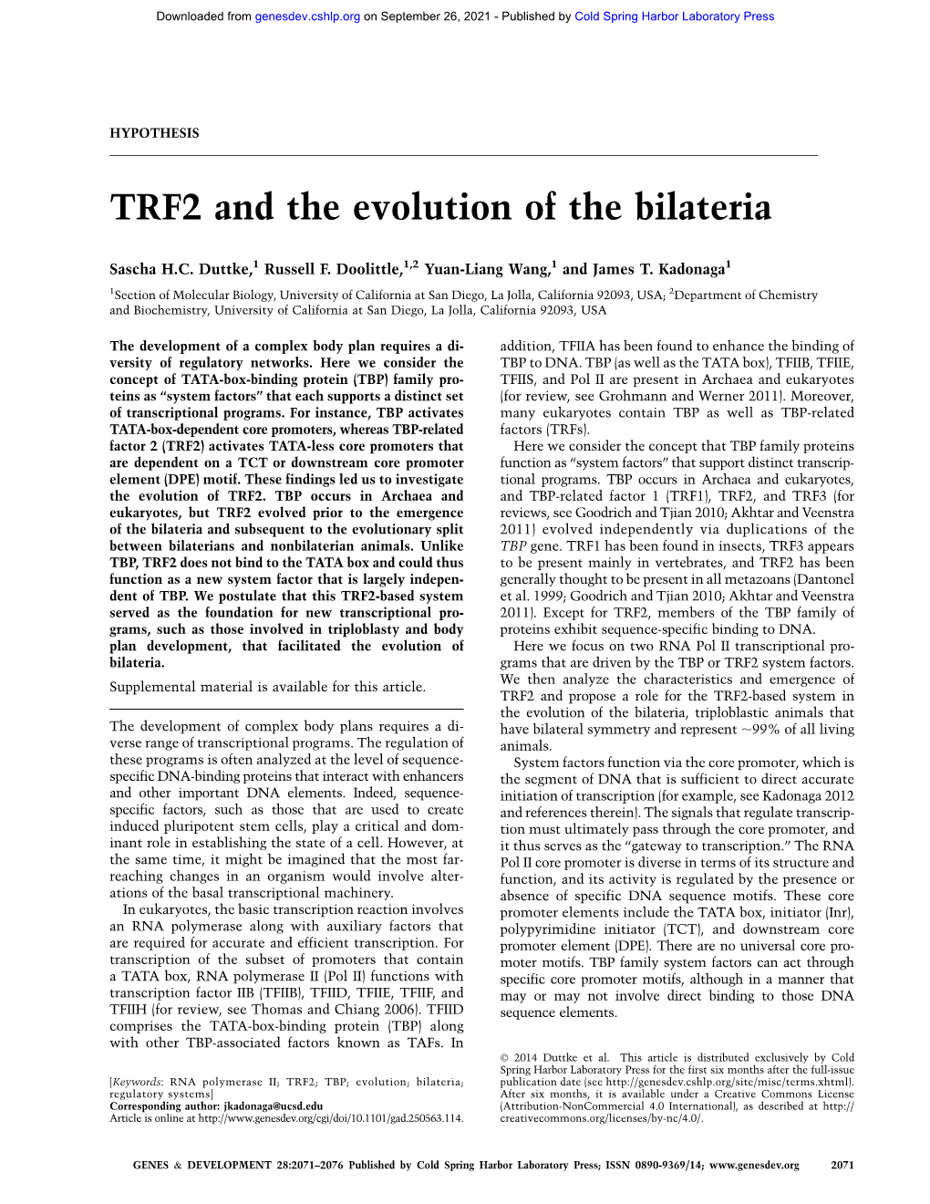 TRF2 and the Evolution of the Bilateria