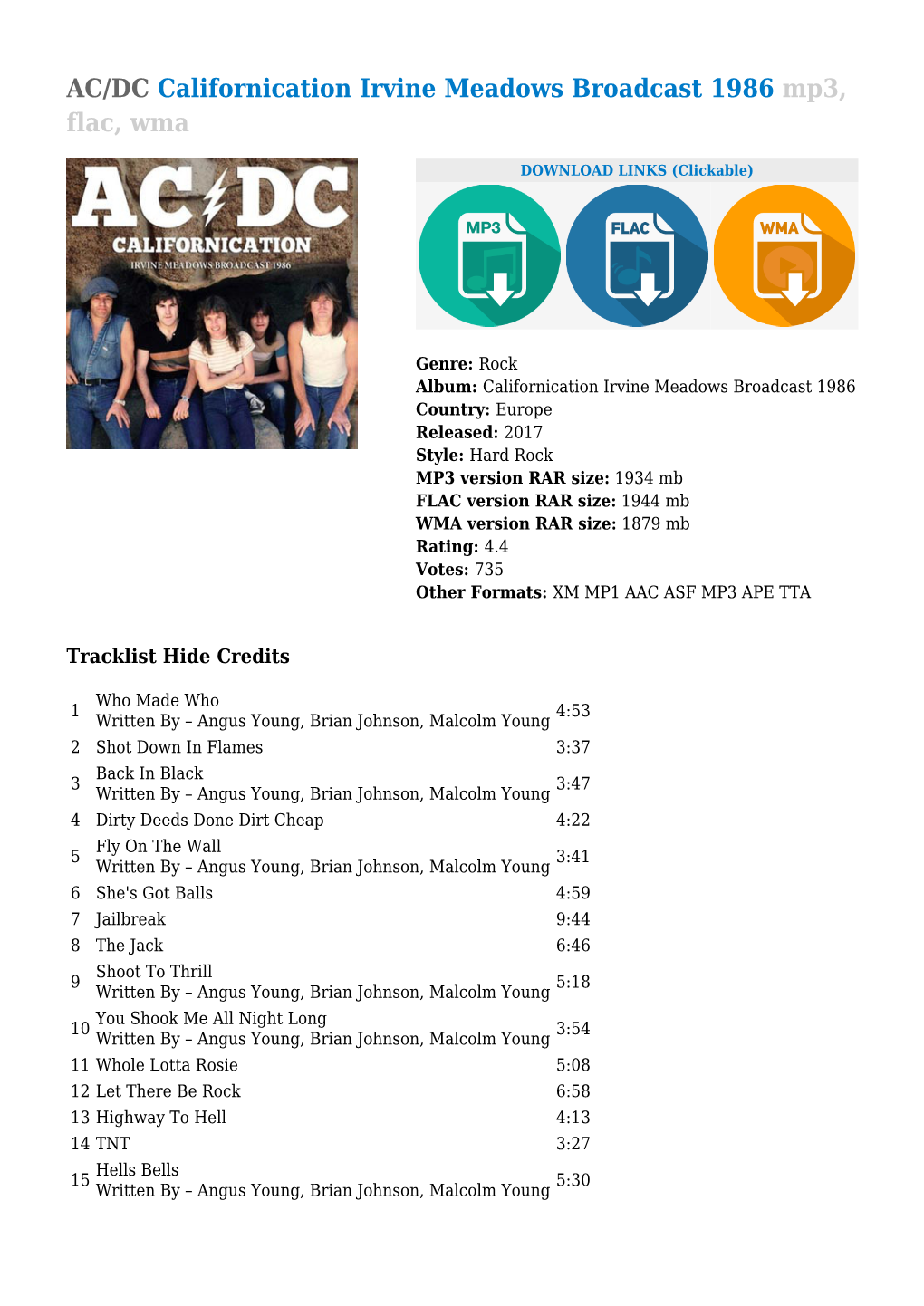 AC/DC Californication Irvine Meadows Broadcast 1986 Mp3, Flac, Wma