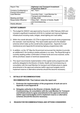 Report Title: Highways and Transport Investment Programme 2020-21 Contains Confidential Or Exempt Information? NO