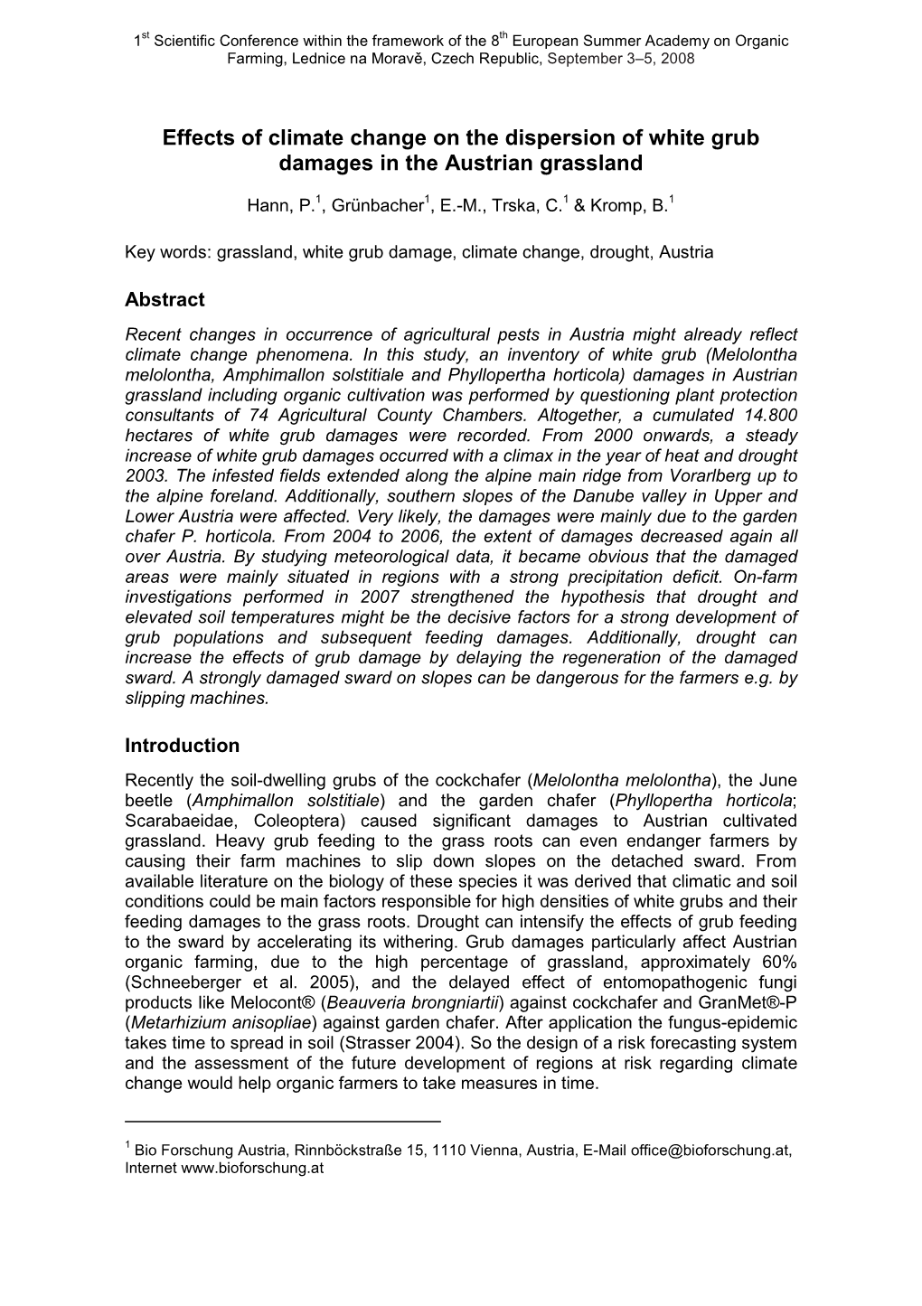 Effects of Climate Change on the Dispersion of White Grub Damages in the Austrian Grassland