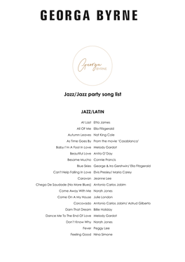 Georga Byrne Jazzparty Song List 2021