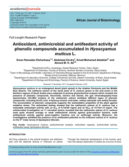 Antioxidant, Antimicrobial and Antifeedant Activity of Phenolic Compounds Accumulated in Hyoscyamus Muticus L