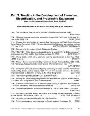 Part 3. Timeline in the Development of Farmstead, Electrification, and Processing Equipment (Also See the Home and Household Items Timeline)