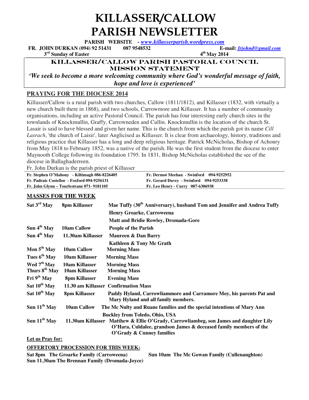 Killasser/Callow Parish Newsletter Parish Website - Fr