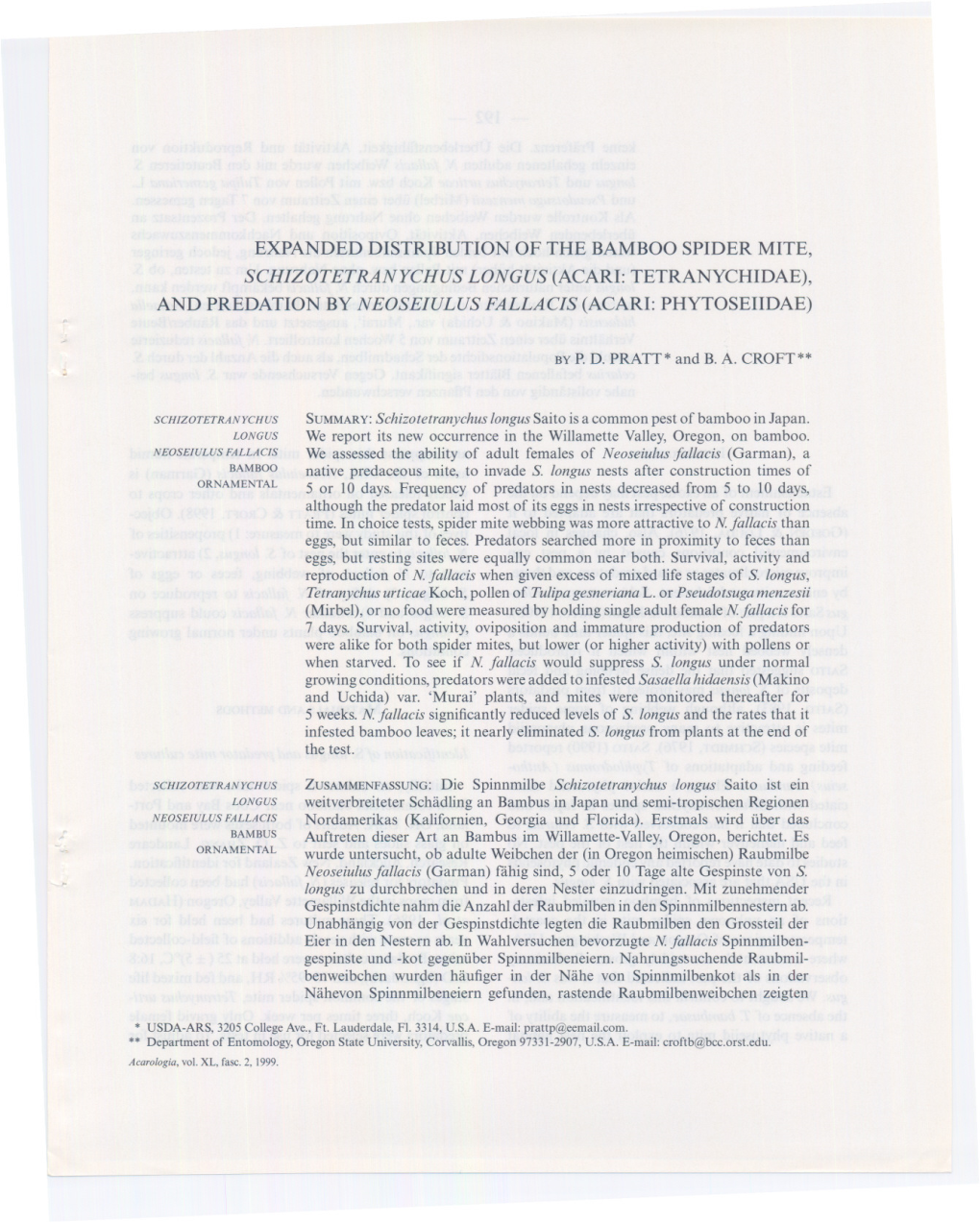 Expanded Distribution of the Bamboo Spider Mite, Schizotetranychuslongus (Acari: Tetranychidae), and Predation by Neoseiulus Falla Cis (Acari: Phytoseiidae)