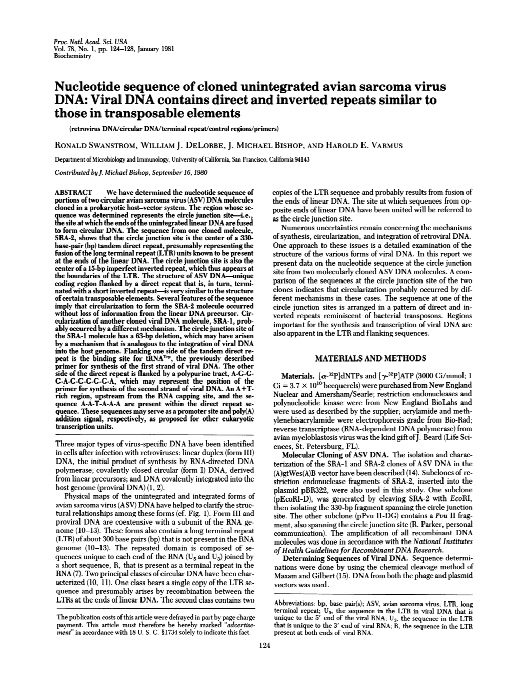 Nucleotide Sequence of Cloned Unintegrated Avian Sarcoma Virus