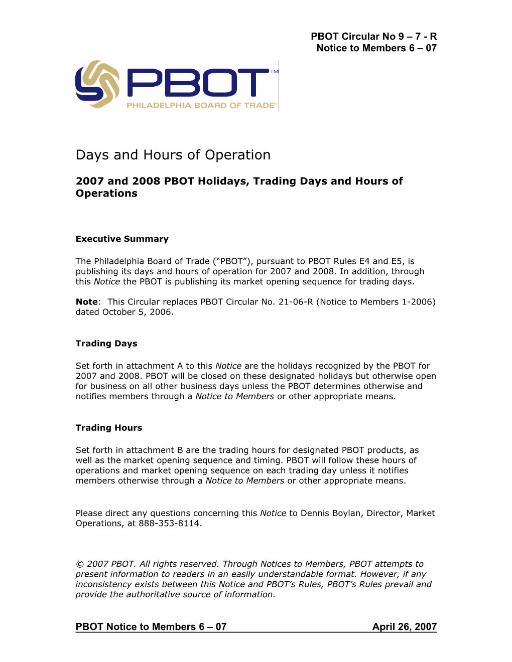 April 26, 2007 PBOT Circular No 9 – 7 - R Notice to Members 6 – 07