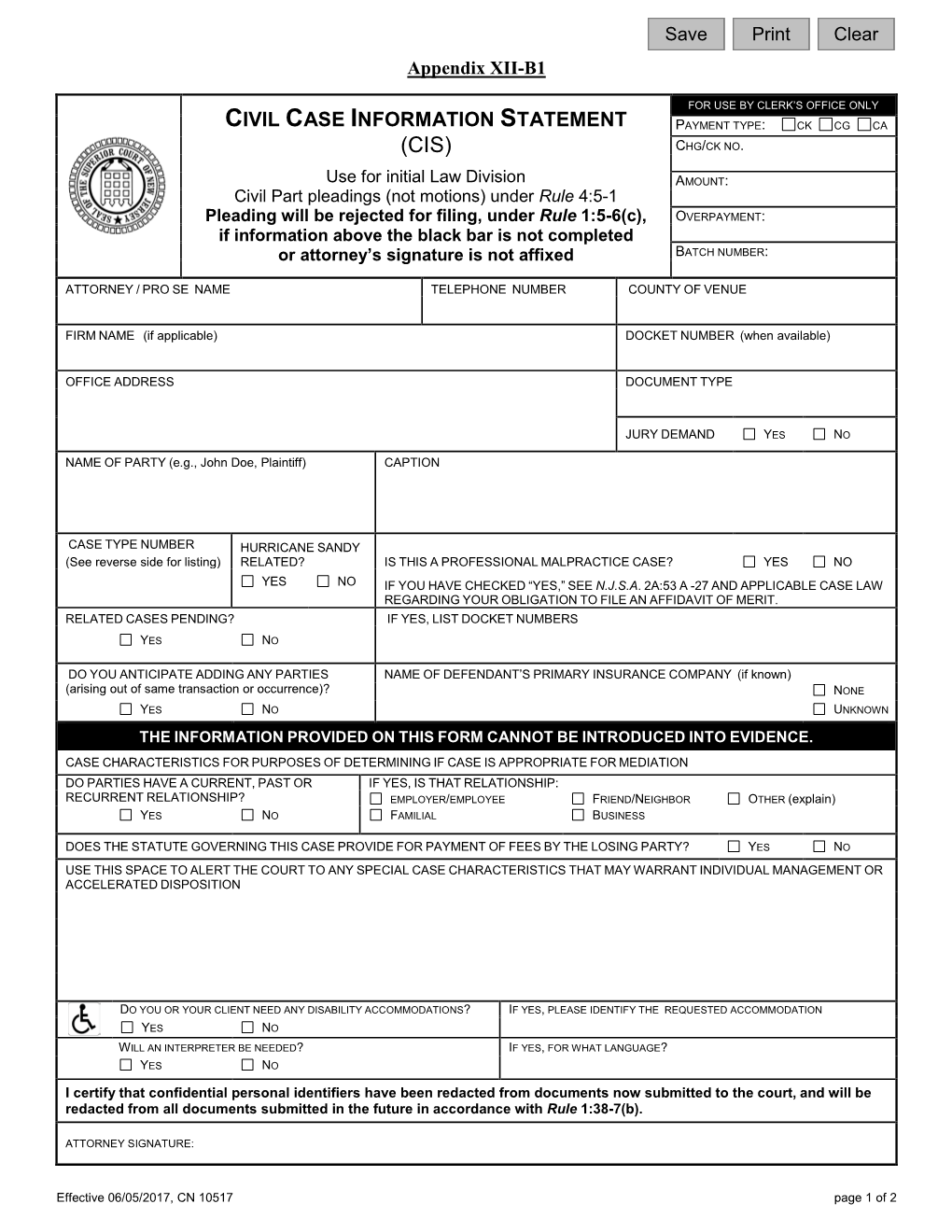 Civil Case Information Statement Payment Type: Ck Cg Ca (Cis) Chg/Ck No