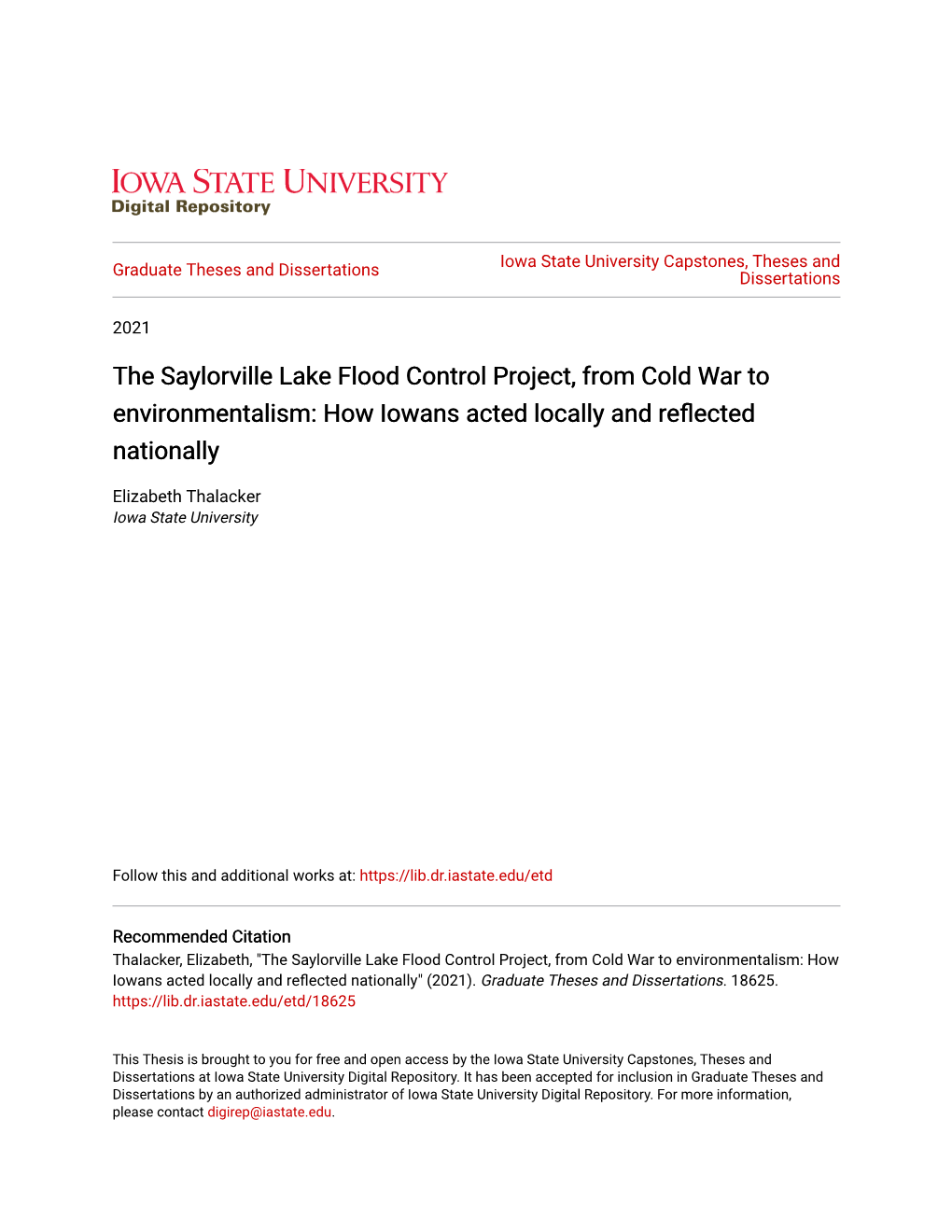 The Saylorville Lake Flood Control Project, from Cold War to Environmentalism: How Iowans Acted Locally and Reflected Nationally